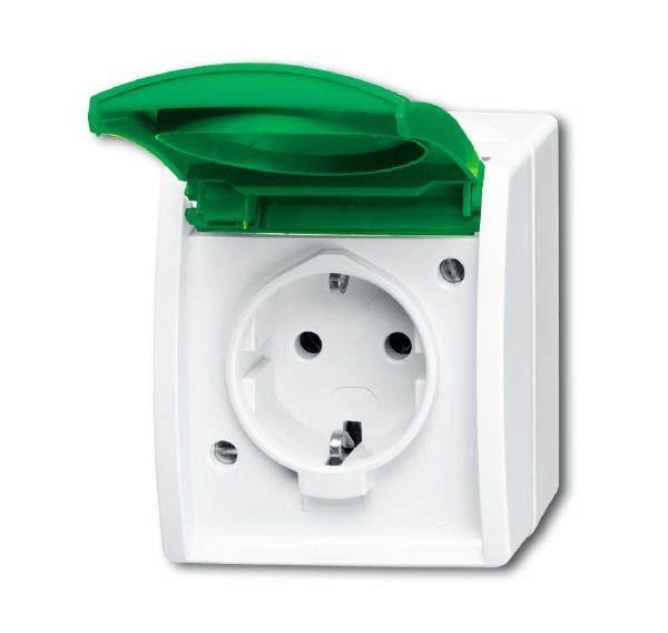  Розетка Schuko ОП Ocean 16А 250В с зеленой крышкой IP44 бел. ABB 2CKA002083A0837 