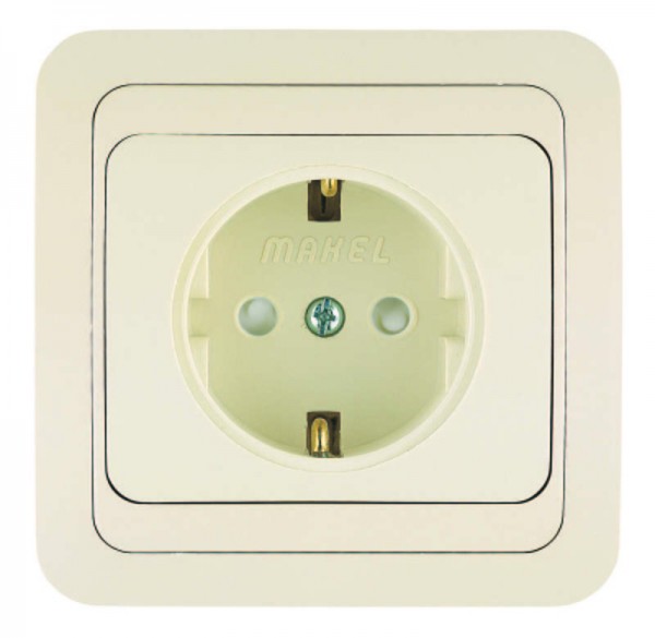  Розетка 1-м СП Mimoza 16А IP20 защ. шторки с заземл. крем/крем Makel 25058 