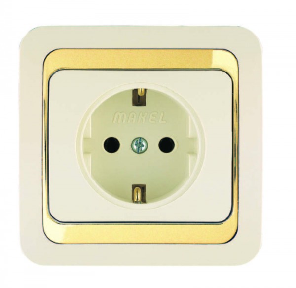  Розетка 1-м СП Mimoza 16А IP20 с заземл. крем/зол. Makel 12628 