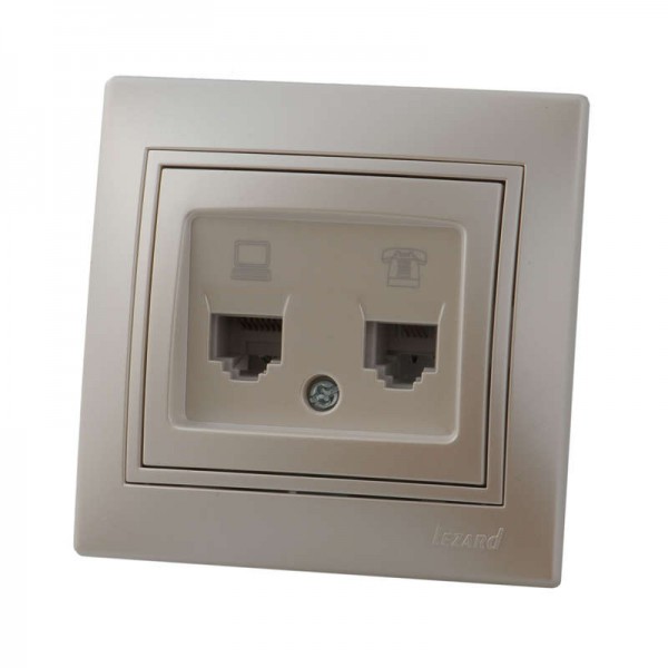  Розетка компьютерная + телеф. СП Мира RJ11 + RJ45 жемчуж. бел. перламутр LEZARD 701-3030-143 