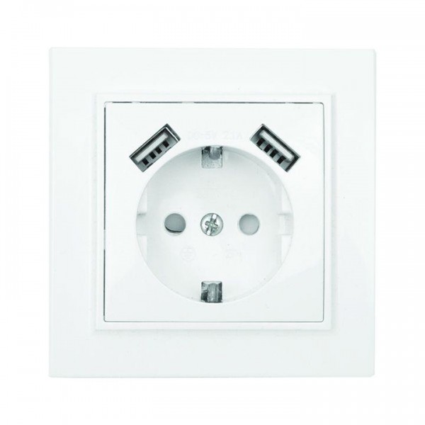  Розетка 1-м СП Минск 16А защ. шторки с заземл. с 2 USB 2.1А бел. EKF ERR16-028-100-2USB 