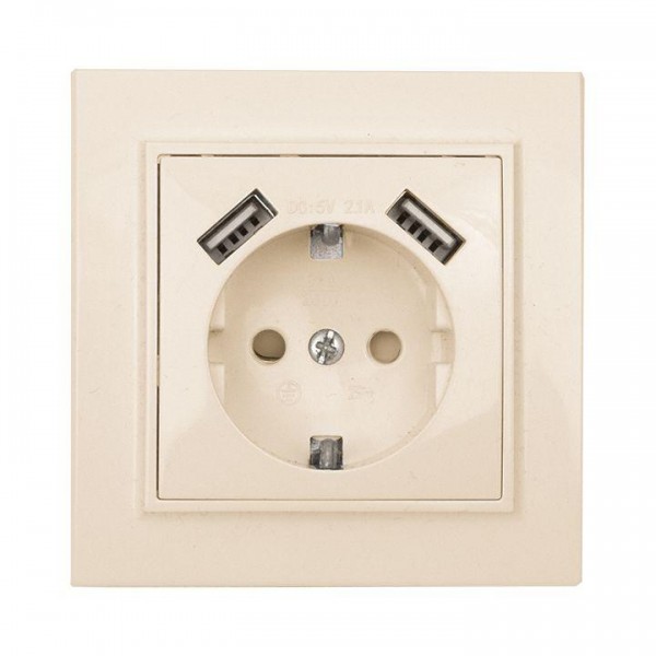  Розетка 1-м СП Минск 16А защ. шторки с заземл. с 2 USB 2.1А беж. EKF ERR16-028-200-2USB 