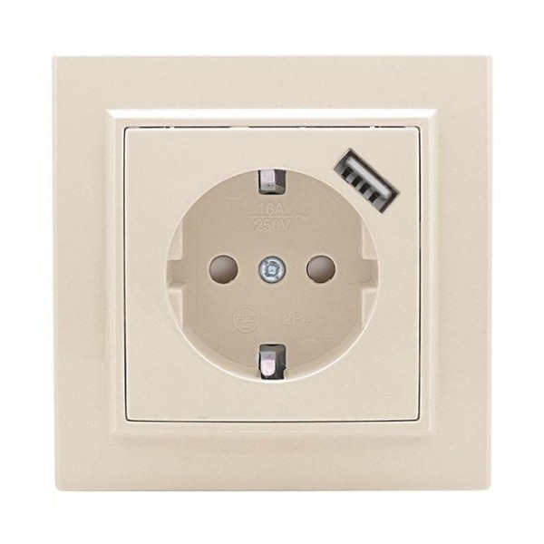  Розетка 1-м СП Минск 16А защ. шторки с заземл. с USB 1А беж. EKF ERR16-028-200-USB 