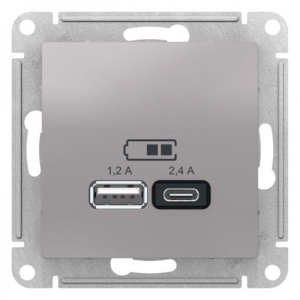  Механизм розетки USB AtlasDesign A+С 5В/2.4А 2х5В/1.2А алюм. SchE ATN000339 