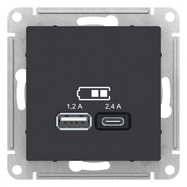  Механизм розетки USB AtlasDesign A+С 5В/2.4А 2х5В/1.2А карбон SchE ATN001039 
