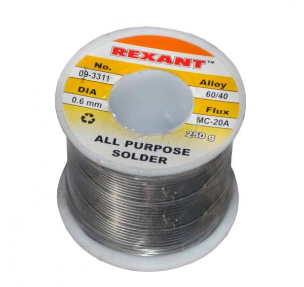  Припой с канифолью 250гр. d0.6мм (Sn60 Pb40 Flux 2.2%) REXANT 09-3311 