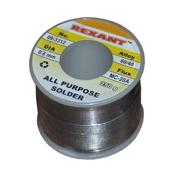 Припой с канифолью 250гр d0.8мм (Sn60 Pb40 Flux 2.2%) Rexant 09-3312 